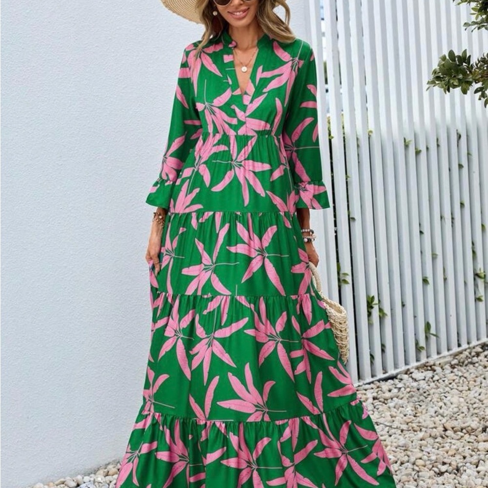 SHEIN Green and Pink Floral Maxi Dress NWOT Size Medium
